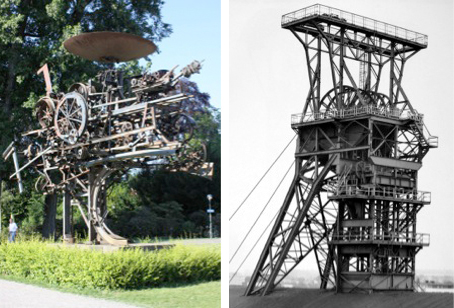 links: Jean Tinguely: Heureka, 1963-64, Zürich; rechts: Bernd u. Hilla Becher, Zeche Ewald, 1982, Recklinghausen, Ruhrgebiet (Quelle: Bilddatenbank prometheus)