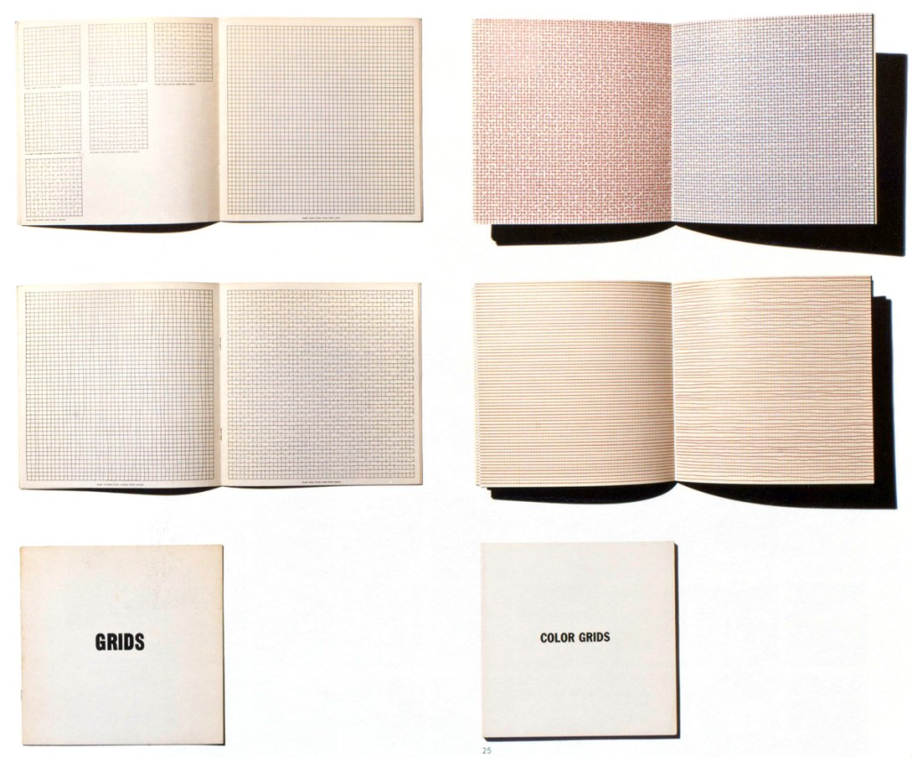 Artists' book: Sol LeWitt. left: Grids, Using All Combinations of Straight, not Straight, Not-Straight and Broken Lines. Brussels: Pour écrire la liberté, 1975,. (25 x 25 cm, 8pp., Edition of 1500) right: Color Grids. New York : Multiples, INc., and Combes, France: Générations, 1977 (20 x 20 cm, 36pp.)