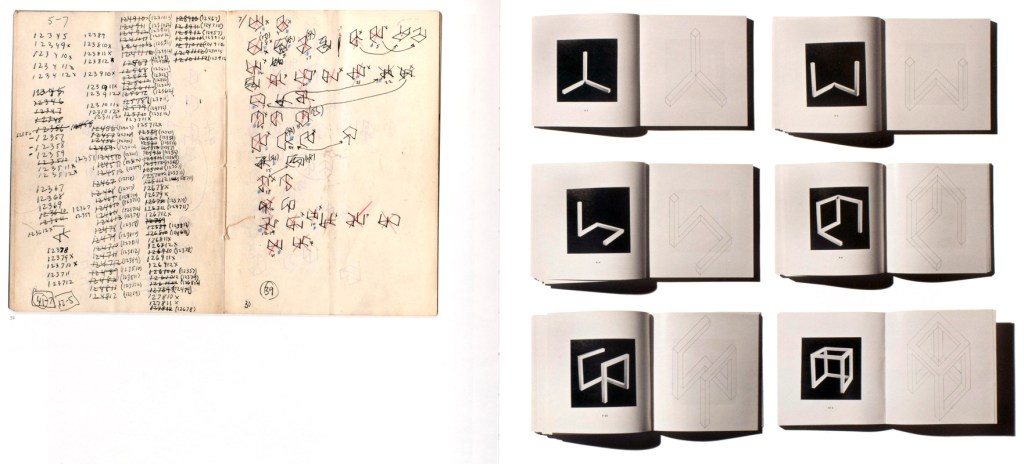 Left: Spread from a LeWitt notebook depicting calculations and scetches for Incomplete Open Cubes, 1974 (LeWitt Collection, Chester, Conneticut), right: Incomplete Open Cubes (New York: John Weber Gallery, 1974)